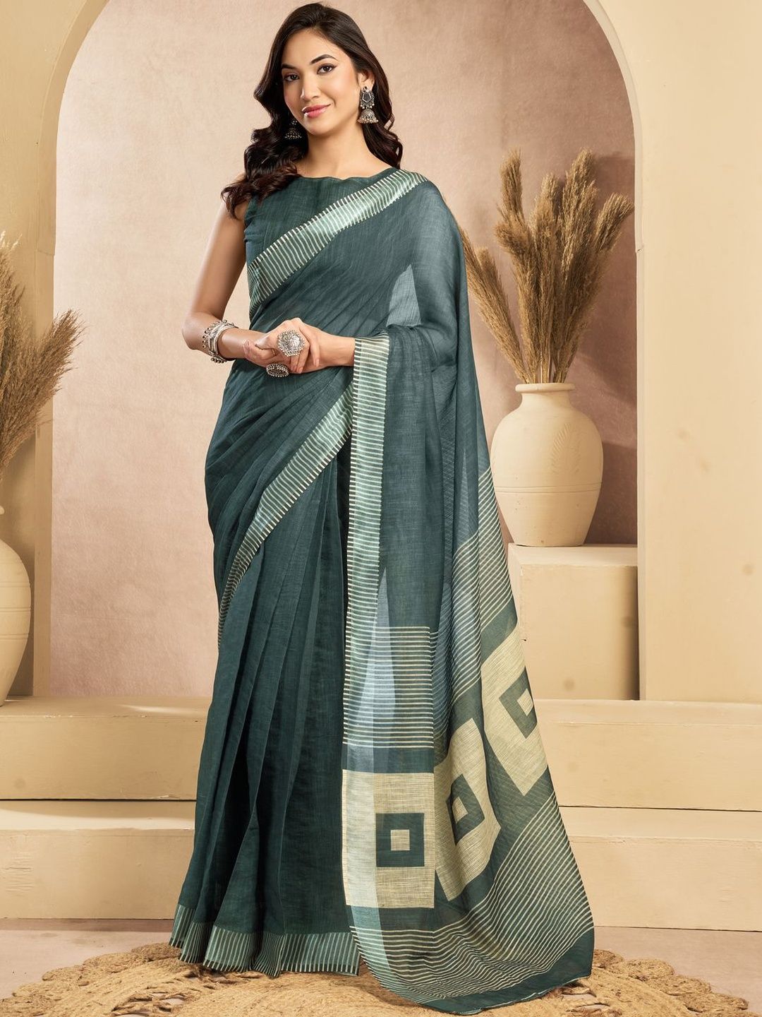 Sangria Teal Linen Ready To Wear Saree With Printed Design