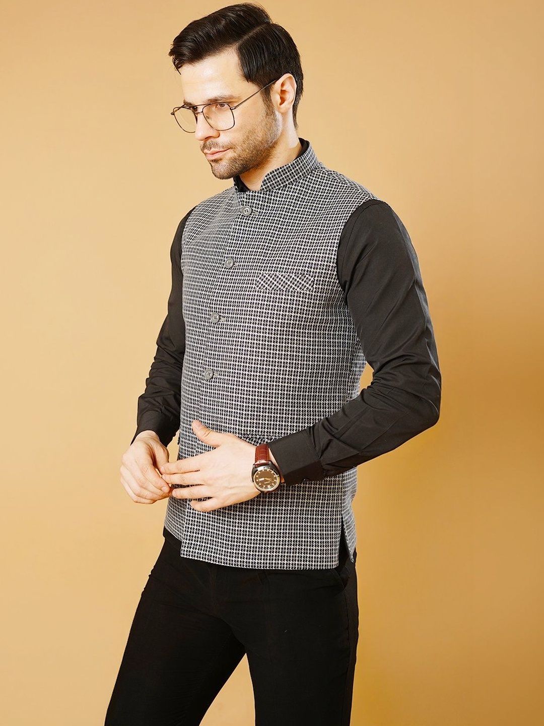 Wintage Checked Mandarin Collar Nehru Jackets
