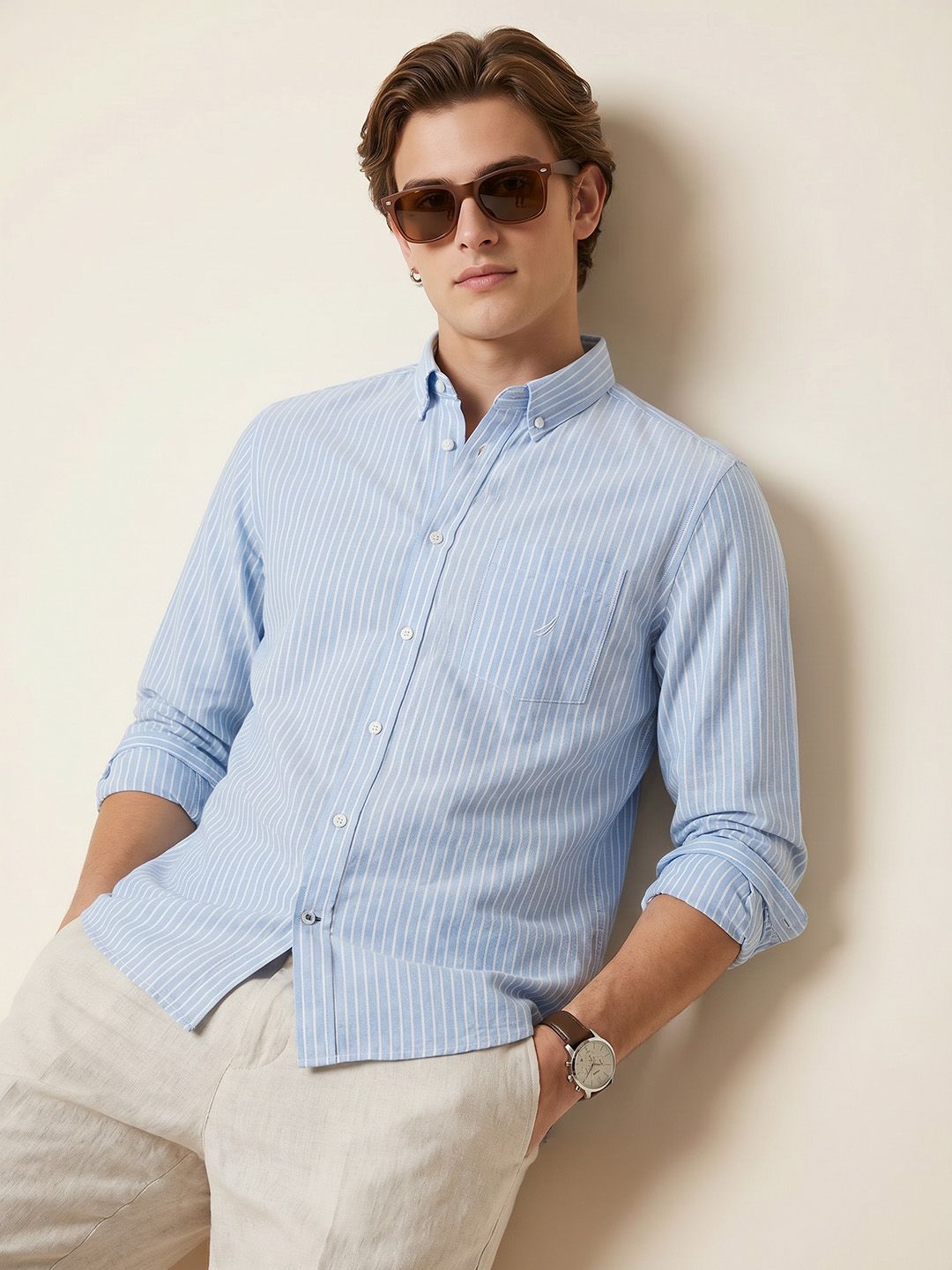 Nautica Slim Fit Striped Cotton Linen Shirt