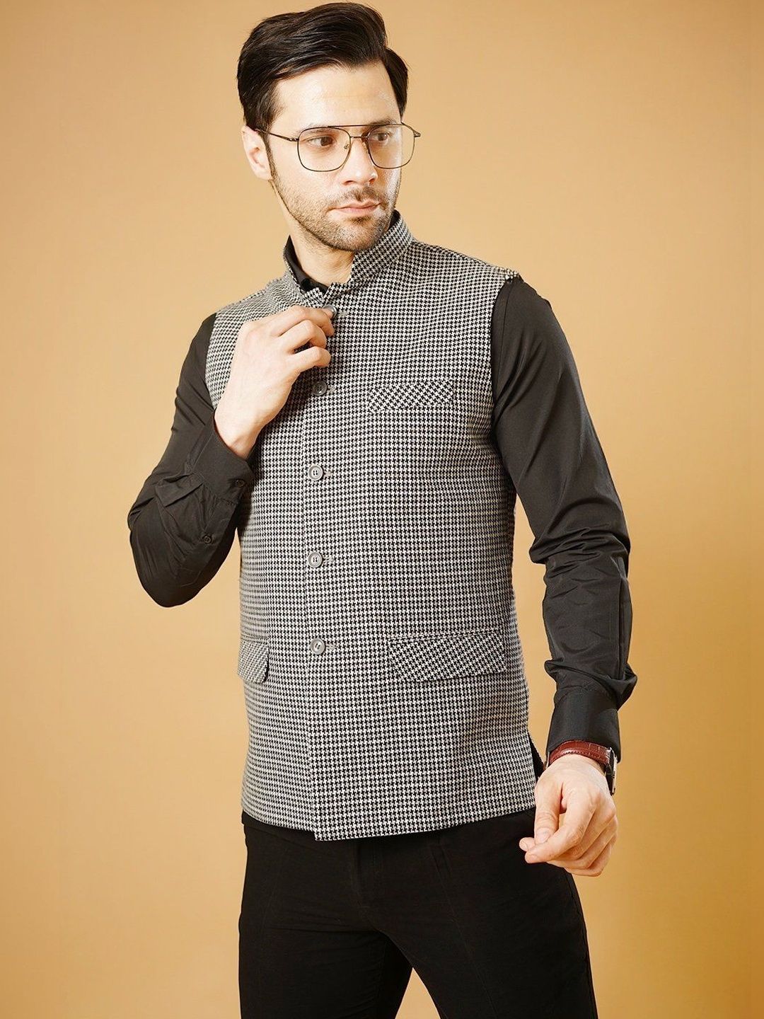Wintage Checked Mandarin Collar Nehru Jackets