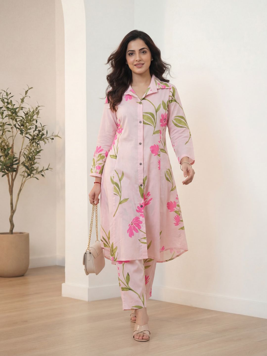 SZN Women Pink Floral Printed Tunic with Trousers