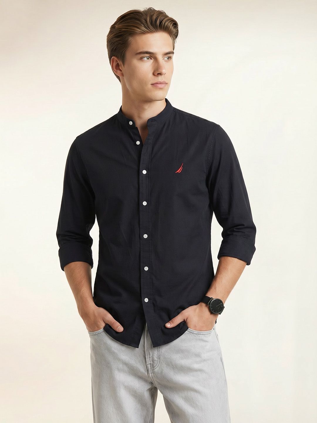 Nautica Slim Fit Mandarin Collar Pure Cotton Shirt