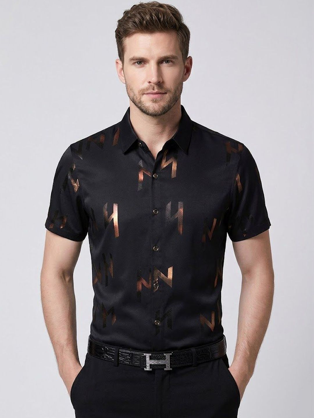 ANDREW HILL ANDREW HILL Men Typography Printed Spread Collar Short Sleeves Casual Shirt