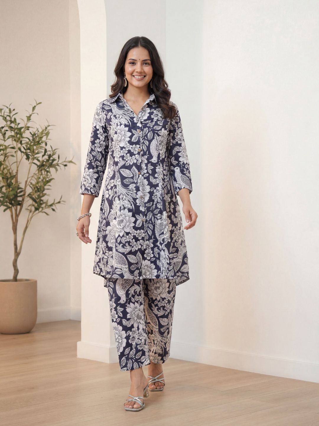 SZN Navy Blue Floral Printed Tunic with Trousers