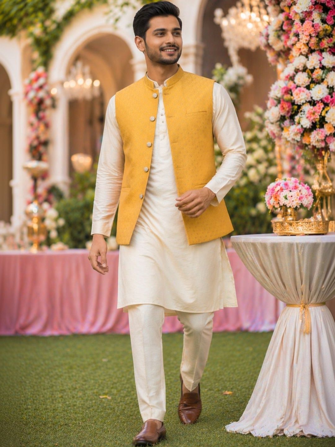 House of Pataudi Floral Textured Festive Jacquard Nehru Jacket