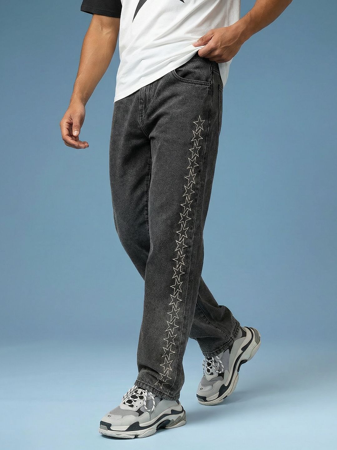 HERE&NOW Men Embroidered Mid-Rise Pure Cotton Straight Fit Jeans