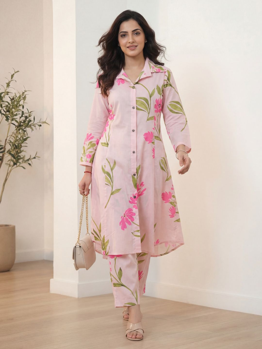 LERIYA FASHION Printed Shirt Collar Tunic & Trousers Co-Ords