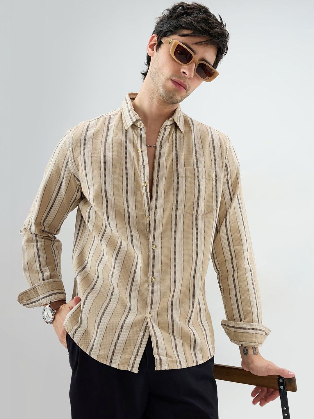 VASTRADO Retro Vibe Vertical Stripes Cotton Long Sleeves Slim Fit Shirt