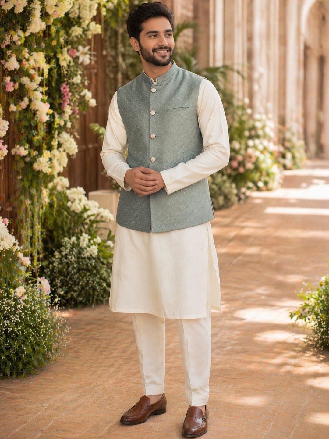 House of Pataudi Floral Textured Festive Jacquard Nehru Jacket