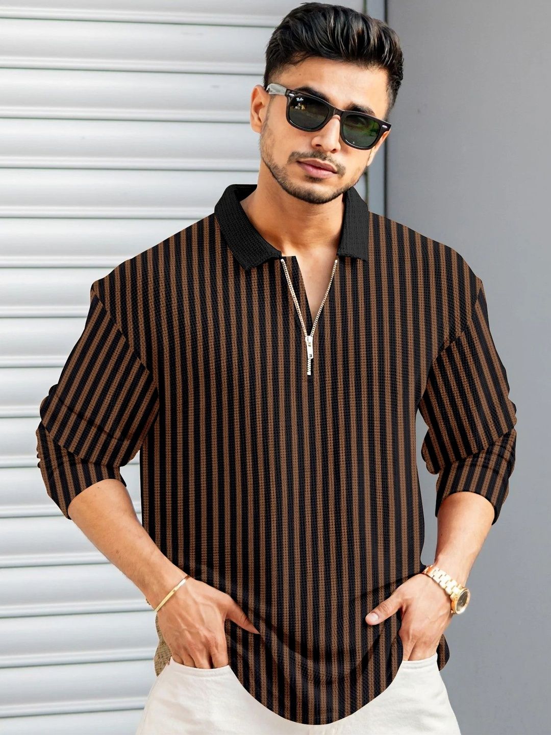 SZN Men Striped Polo Collar Pockets T-shirt