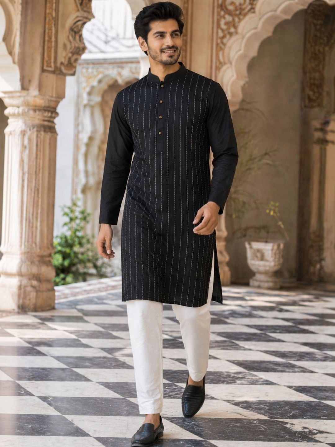 House of Pataudi Striped Pure Cotton Mandarin Collar Knee Length Straight Kurta