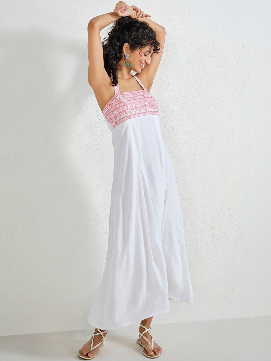Global Desi Global Desi Ethnic Motifs Embroidered Halter Neck A-Line Midi Dress