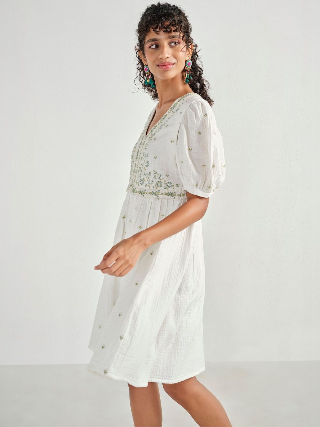 Global Desi Global Desi Floral Embroidered Puff Sleeve A-Line Dress