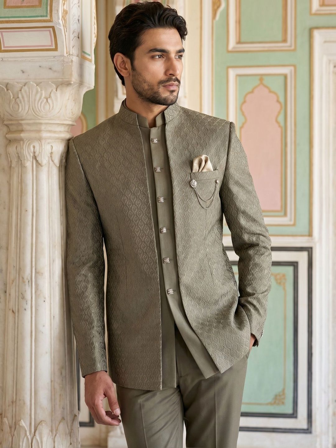 Jompers Self Design Mandarin Collar Sherwani