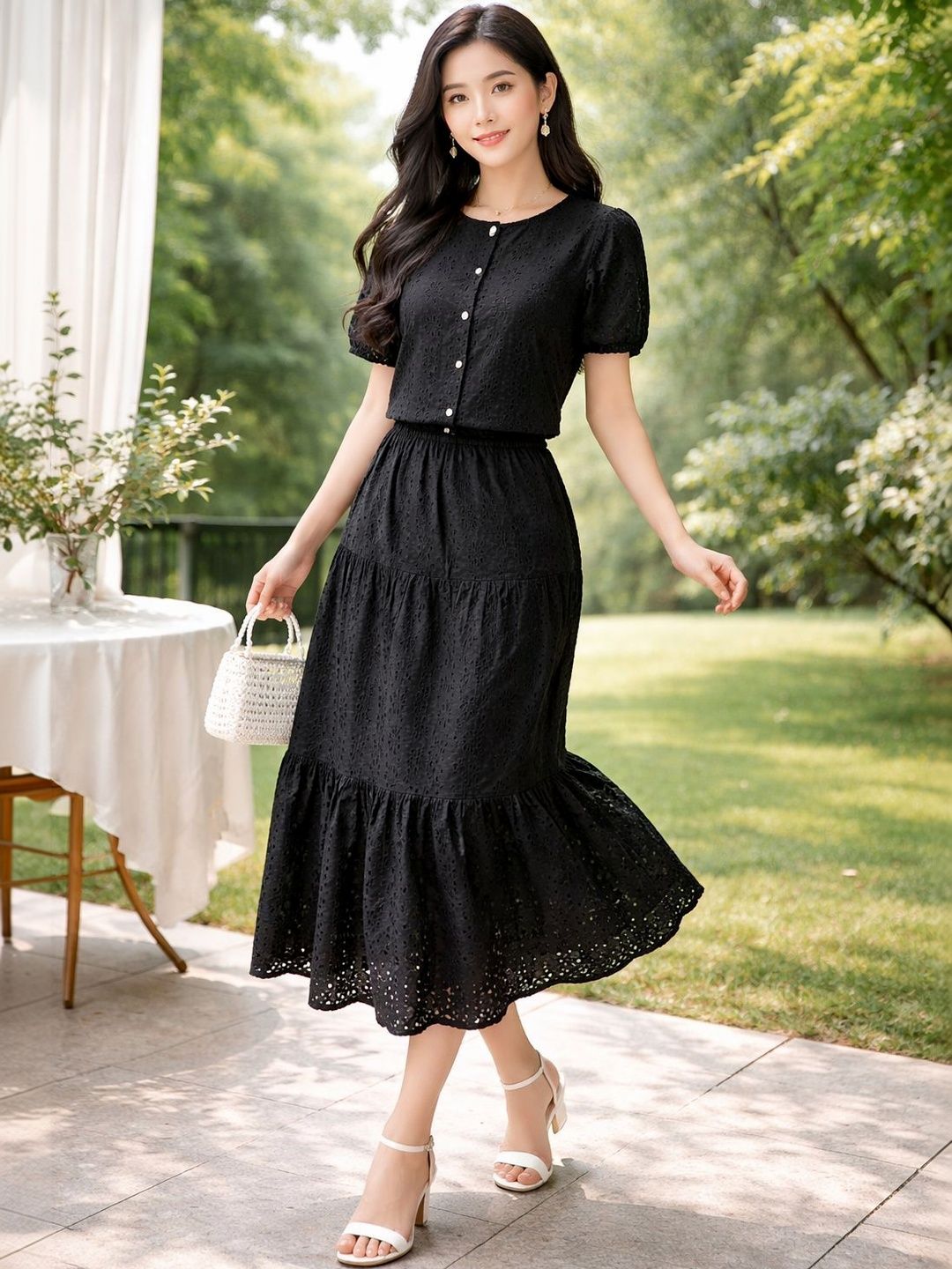 all about you Schiffli Cotton Self Design Top with Skirt