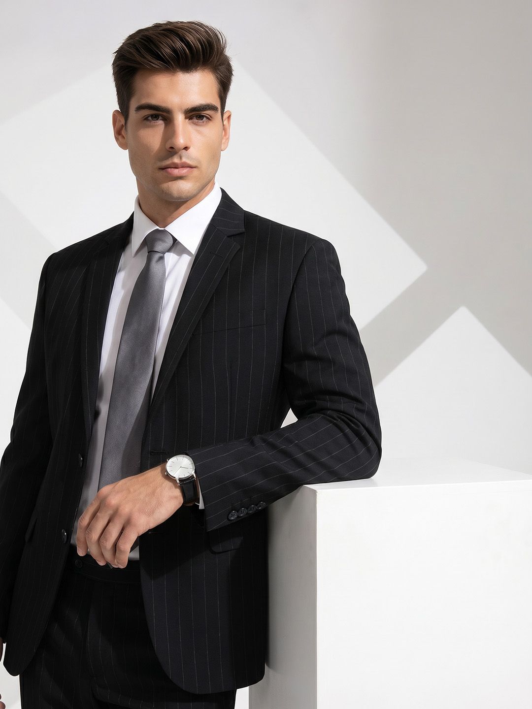 INVICTUS INVICTUS Striped Regular Fit Notched Lapel Collar Single Breasted Formal Blazer
