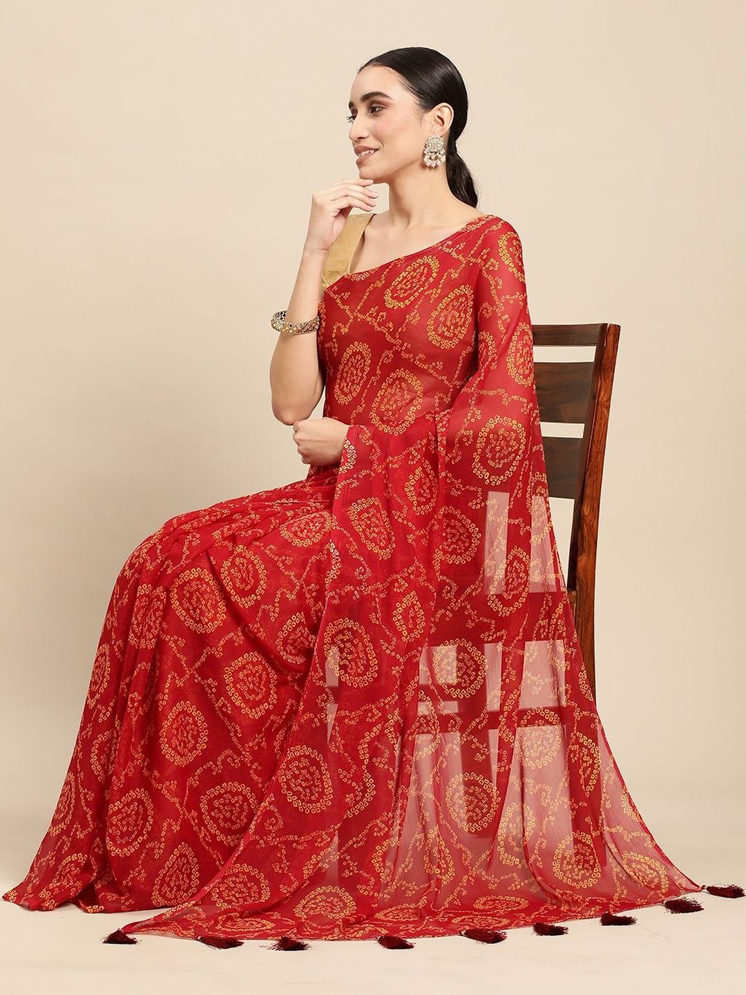 KALINI Bandhani Pure Chiffon Bandhani Saree