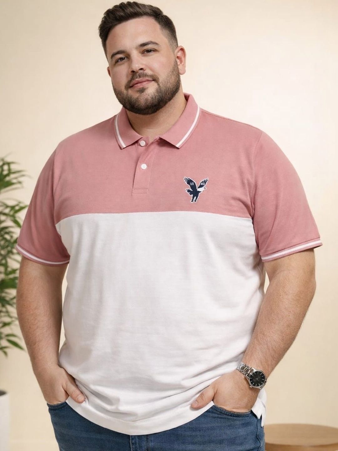 AUSTIVO Men Brand Logo Colourblocked Polo Collar Pockets T-shirt