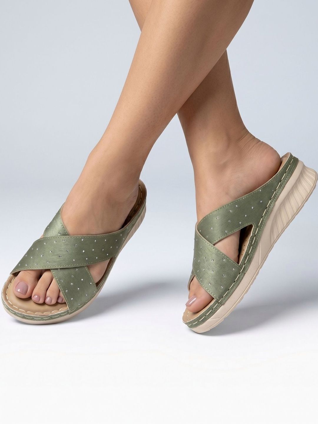 Enjee Enjee Women Comfort Wedge Sandals with Stud Detail