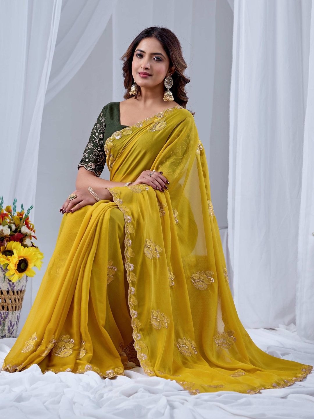 K 5 Fashion Embellished Embroidered Pure Georgette Heavy Work Ikat Saree