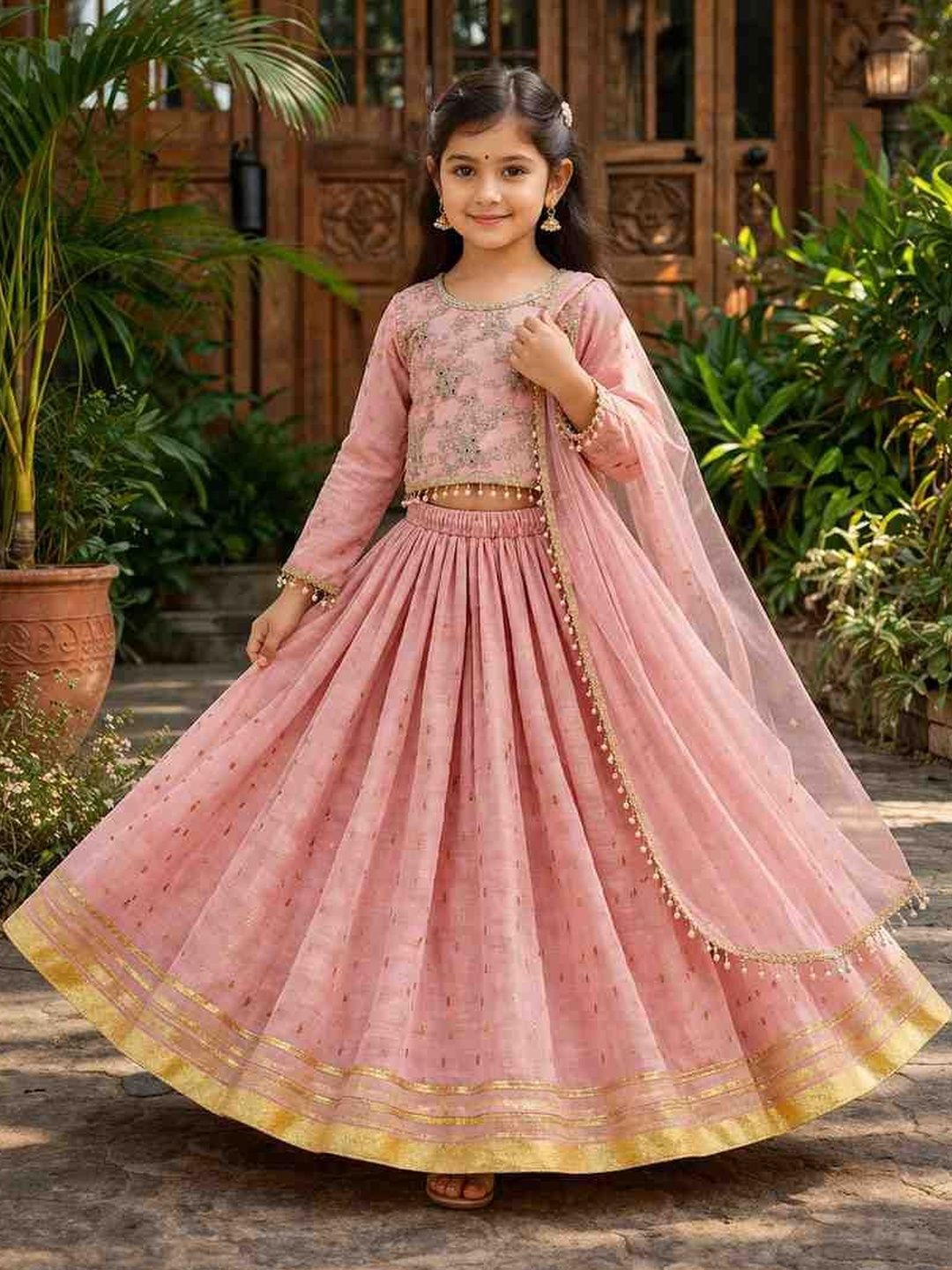 BAESD Girls Embroidered Mirror Work Tie and Dye Ready to Wear Lehenga & Blouse With Dupatta