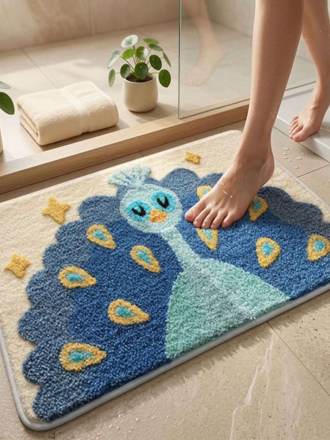 DREAM WEAVERZ Blue Anti-Skid Bath Rugs