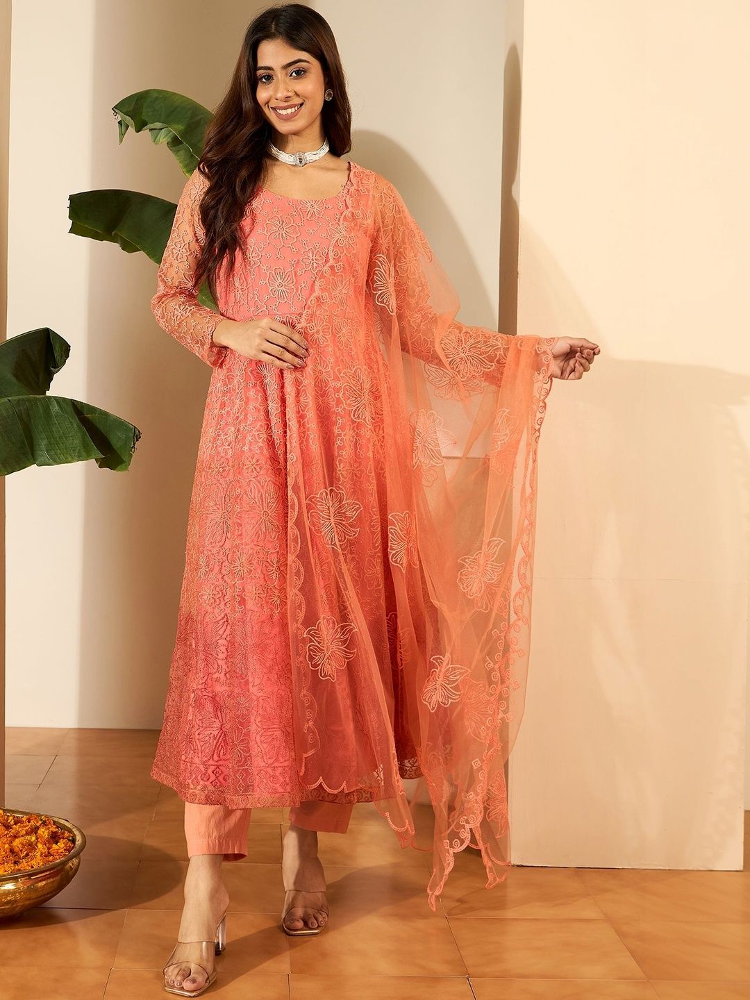 Women Embroidered Kurta with Trousers With Dupatta Inddus Women Floral Embroidered Tiered Thread Work Kurta with Trousers & With Dupatta
