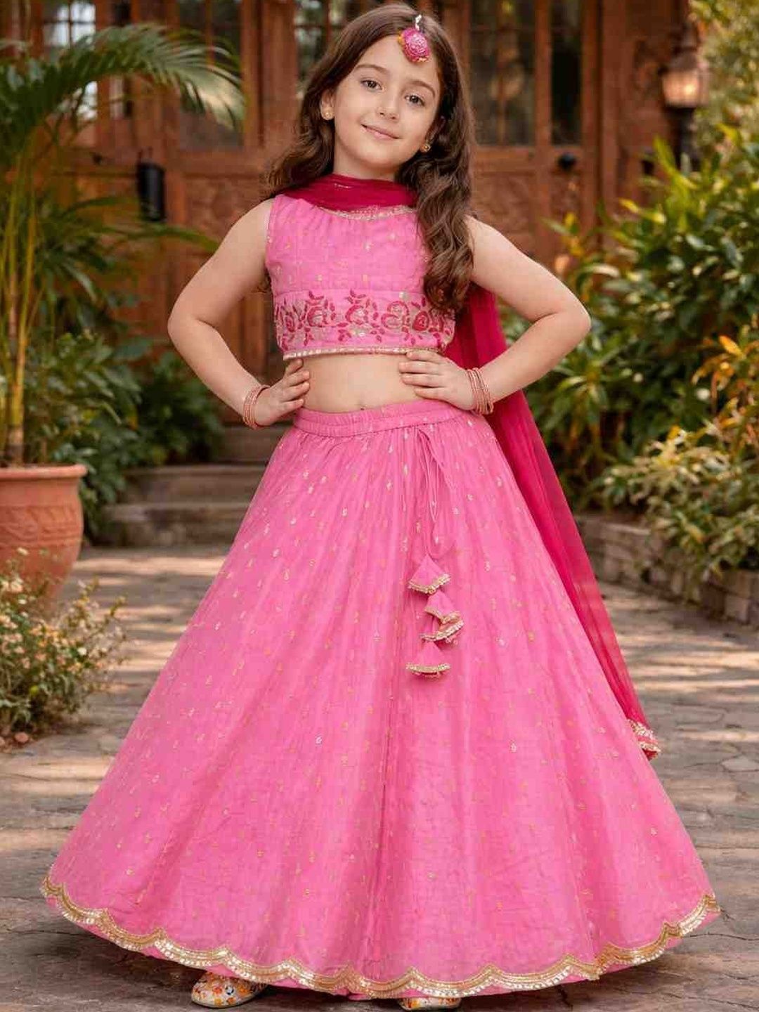 BAESD Girls Embroidered Thread Work Semi-Stitched Lehenga & Blouse With Dupatta