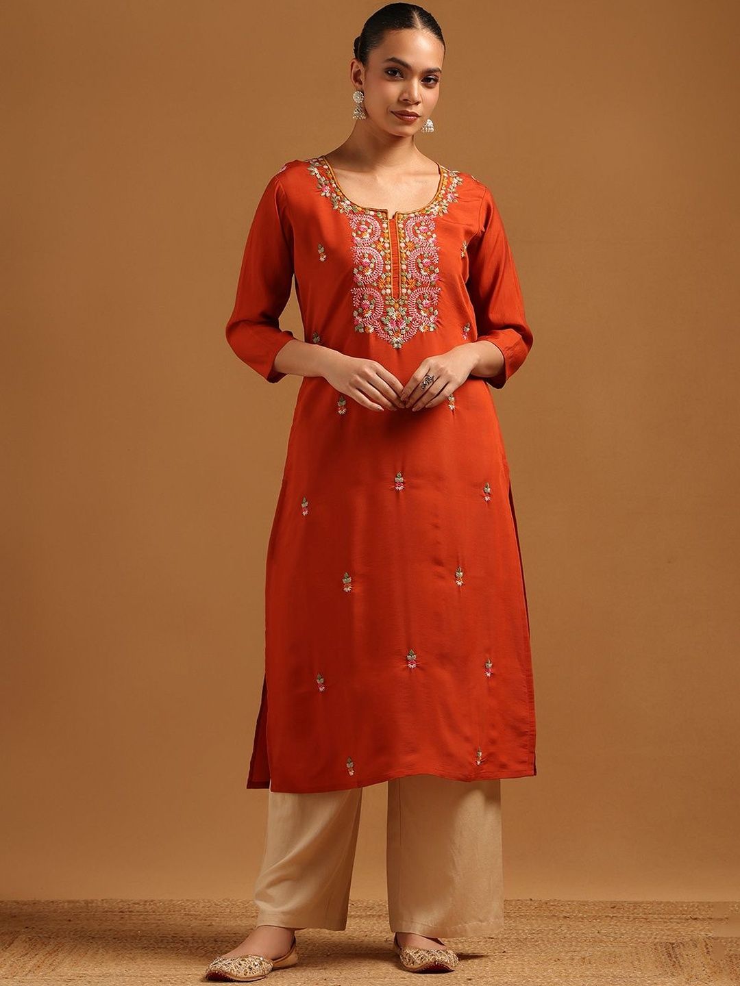 Women Floral Printed Raw Silk Kurta Soch Women Ethnic Motifs Embroidered Thread Work Raw Silk Kurta