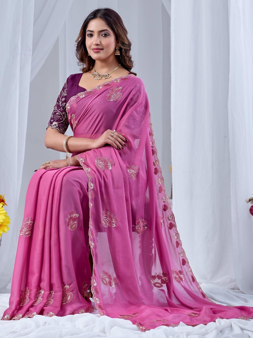 K 5 Fashion Embellished Embroidered Pure Georgette Heavy Work Ikat Saree