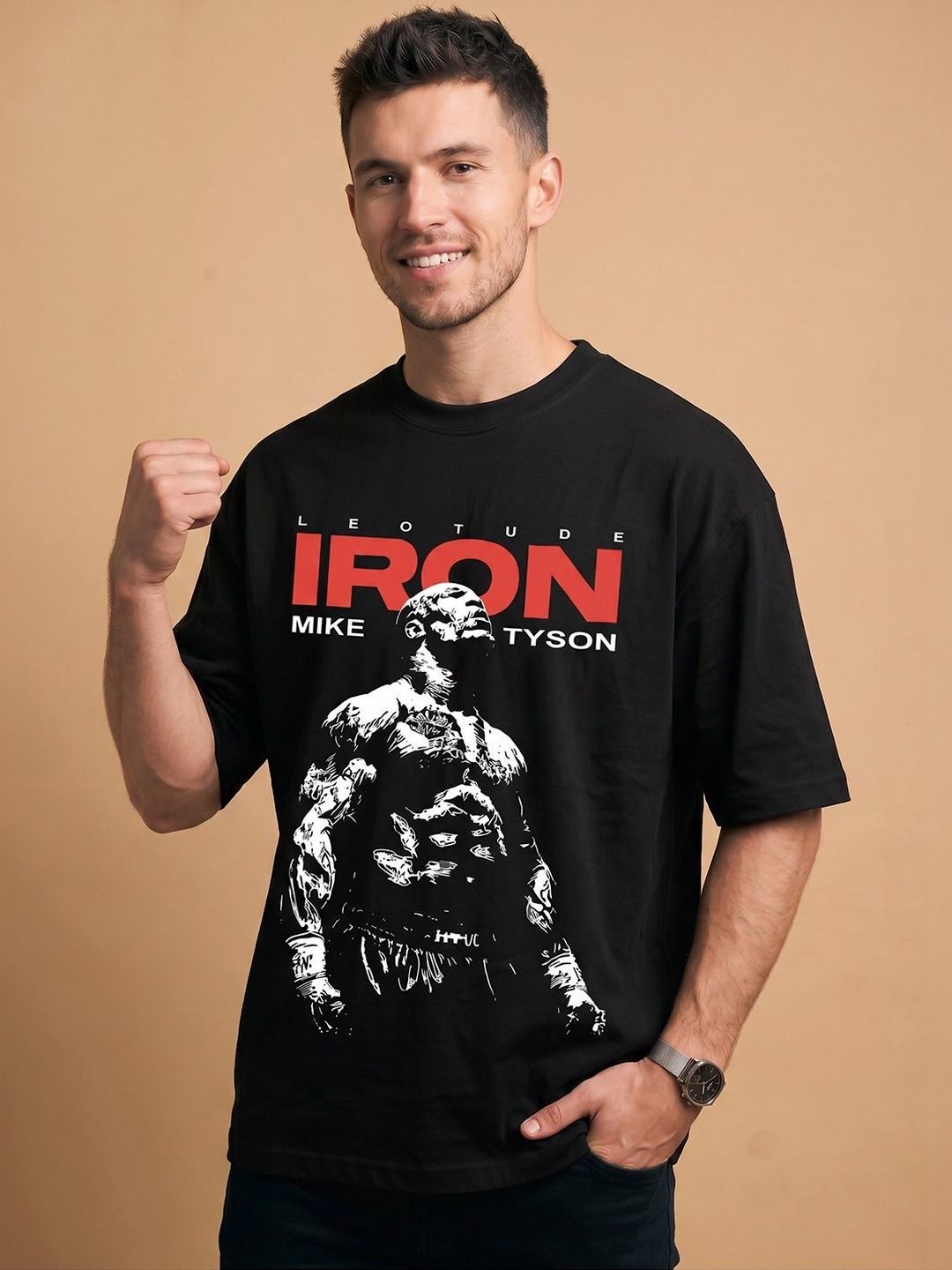 Leotude Men Typography Printed Round Neck Short Sleeves Oversized T-shirt