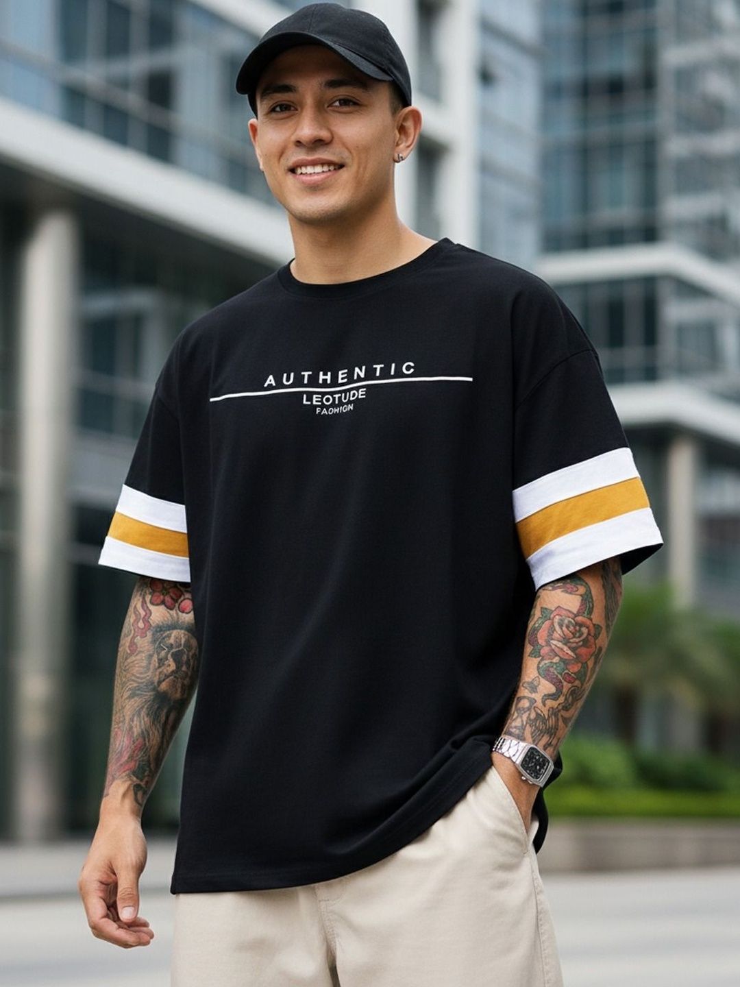 Leotude Men Typography Printed Drop-Shoulder Sleeves T-shirt