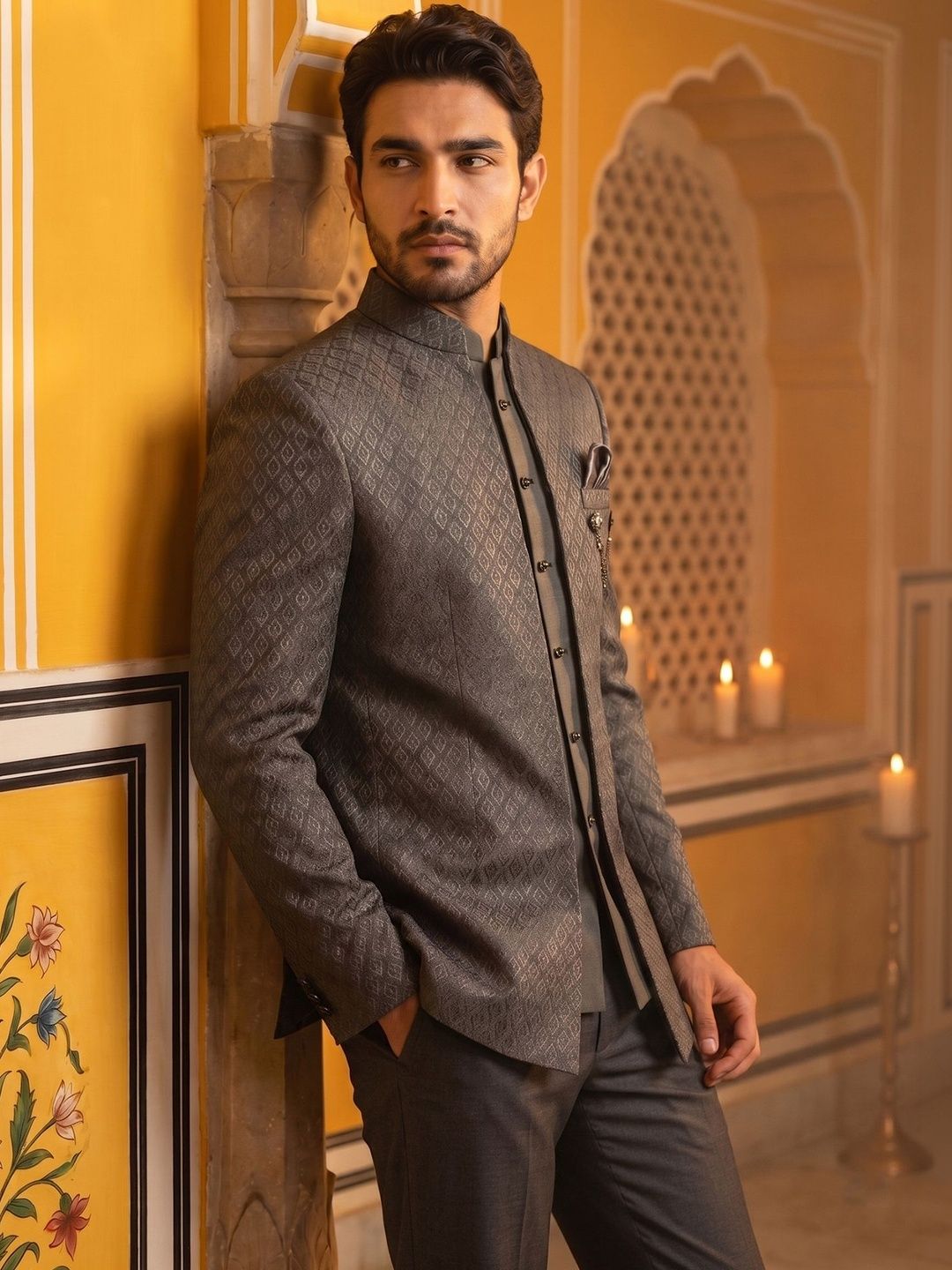 Jompers Self Design Mandarin Collar Sherwani