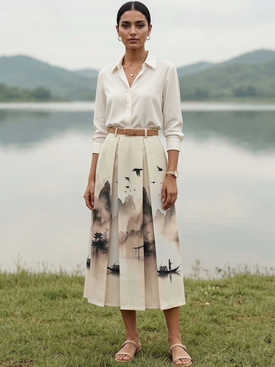 AASK Women Pure Cotton Blend Abstract Midi A-Line Skirt