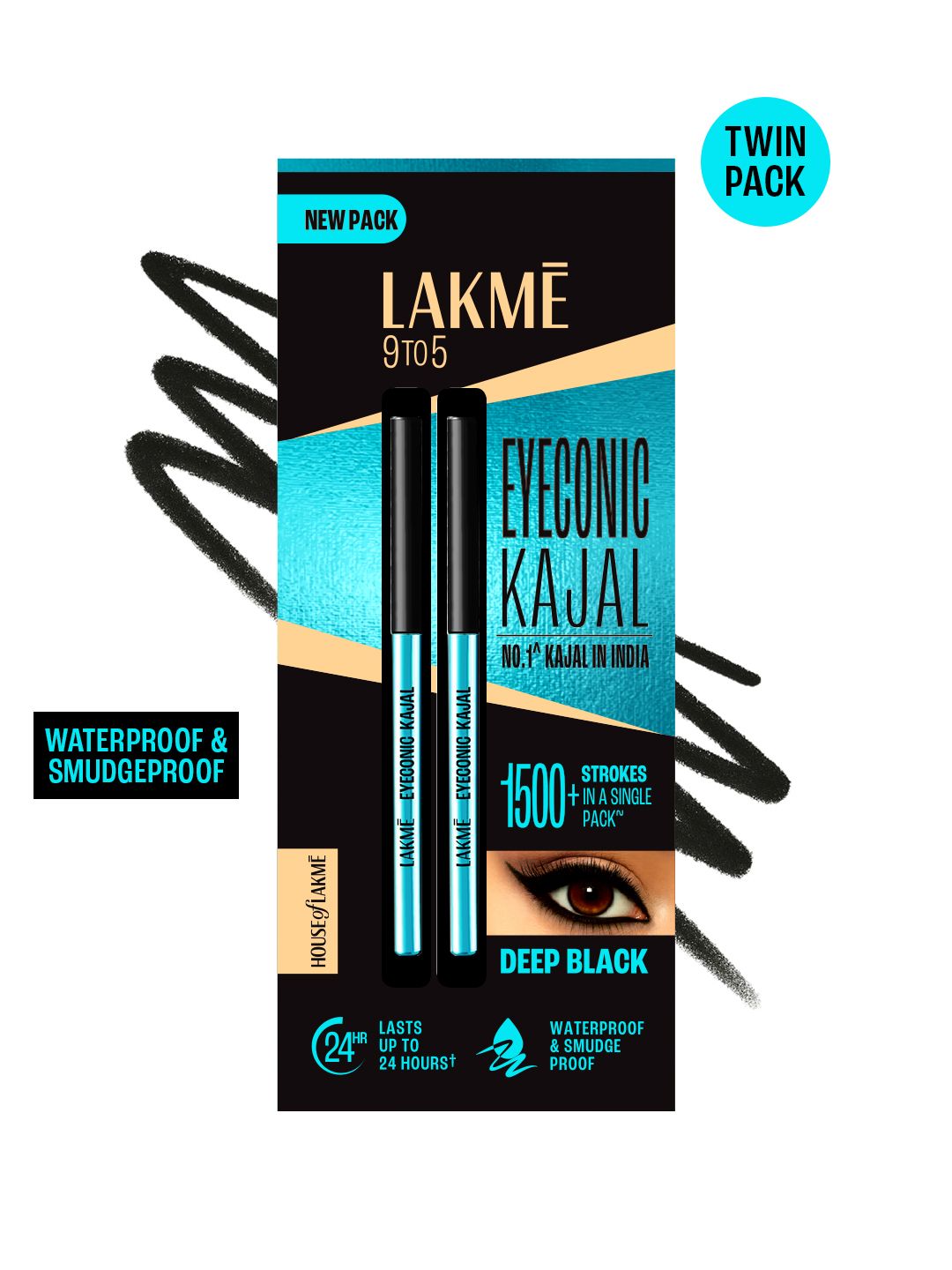 Lakme 9to5 Set of 2 Eyeconic Kajal Matte Finish & Lasts upto 24hrs 0.35g Each - Deep Black