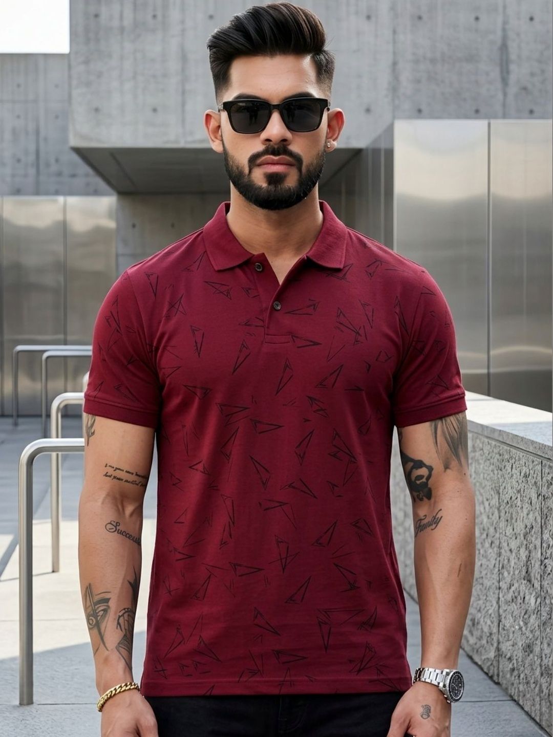 Kryptic Geometric Printed Pure Cotton Polo Collar T-shirt