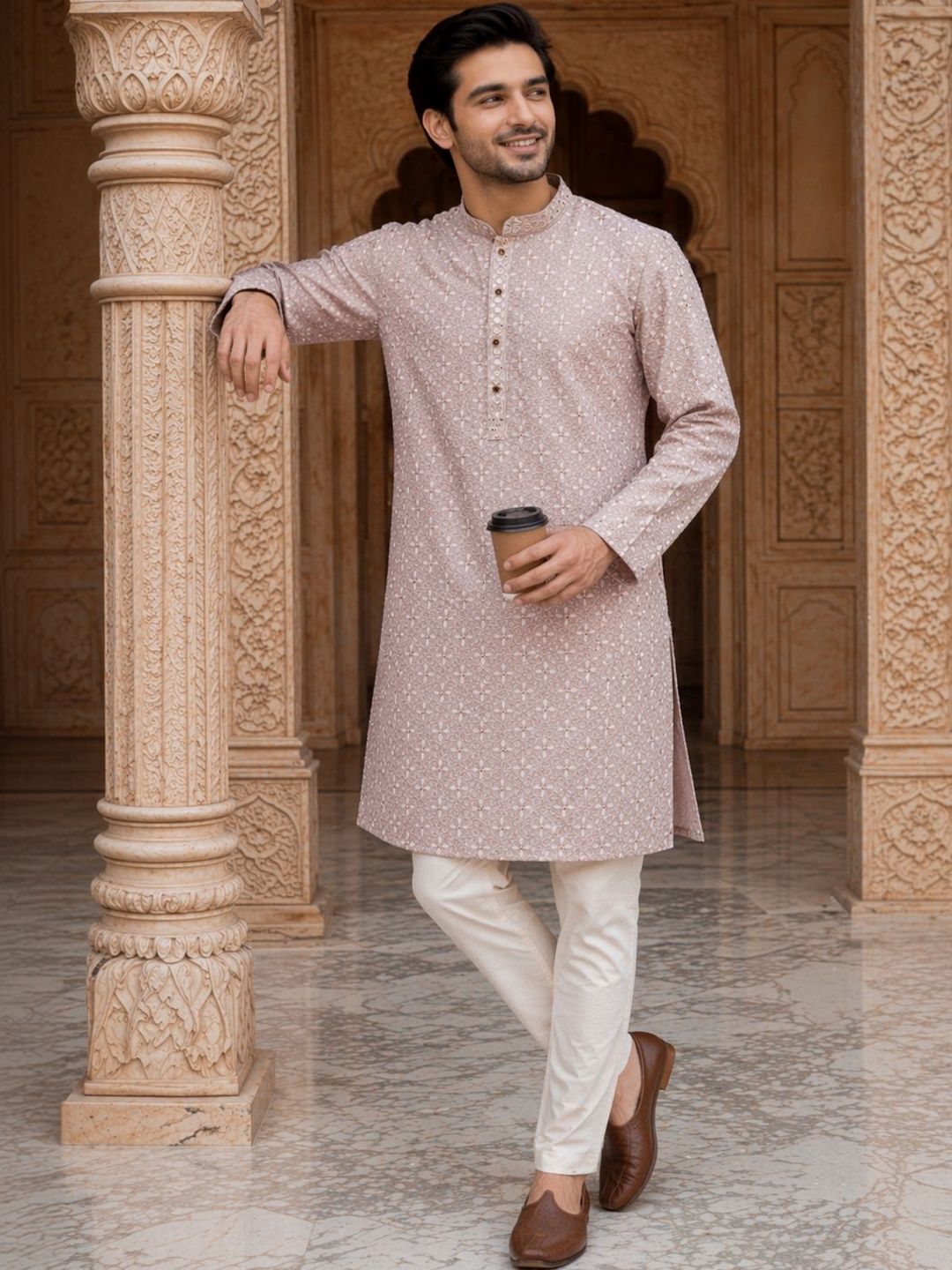 House of Pataudi Embroidered Mandarin Collar Knee Length Straight Kurta