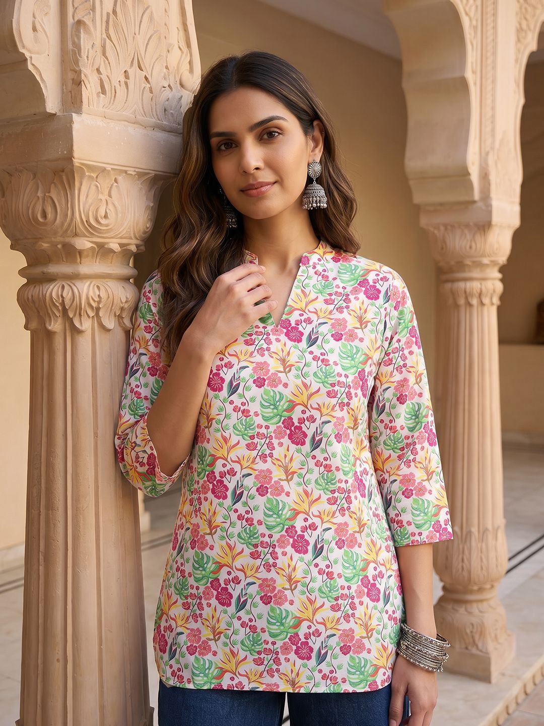 Anouk Rustic Floral Printed Mandarin Collar Straight Kurti