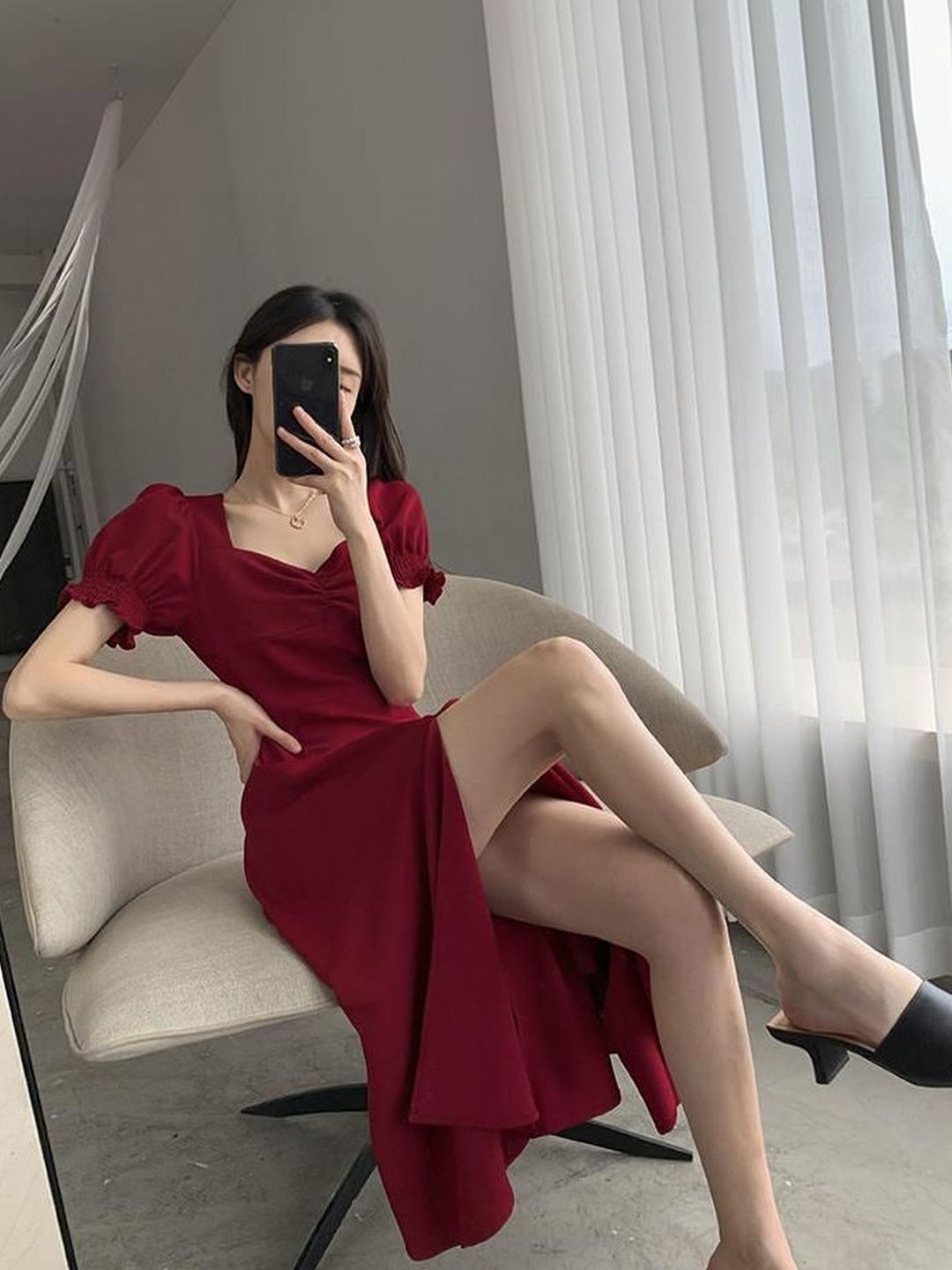 DressBerry DressBerry Puff Sleeve A-Line Midi Dress