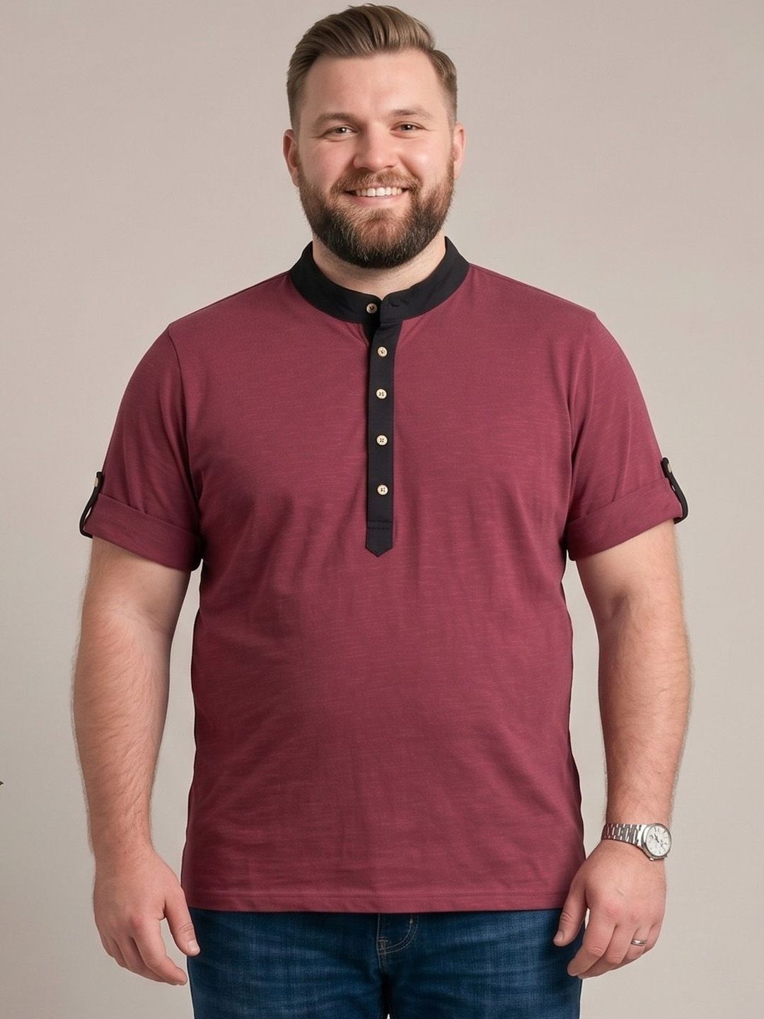 bigbanana Men Plus Size Mandarin Collar Anti Odour Cotton T-shirt