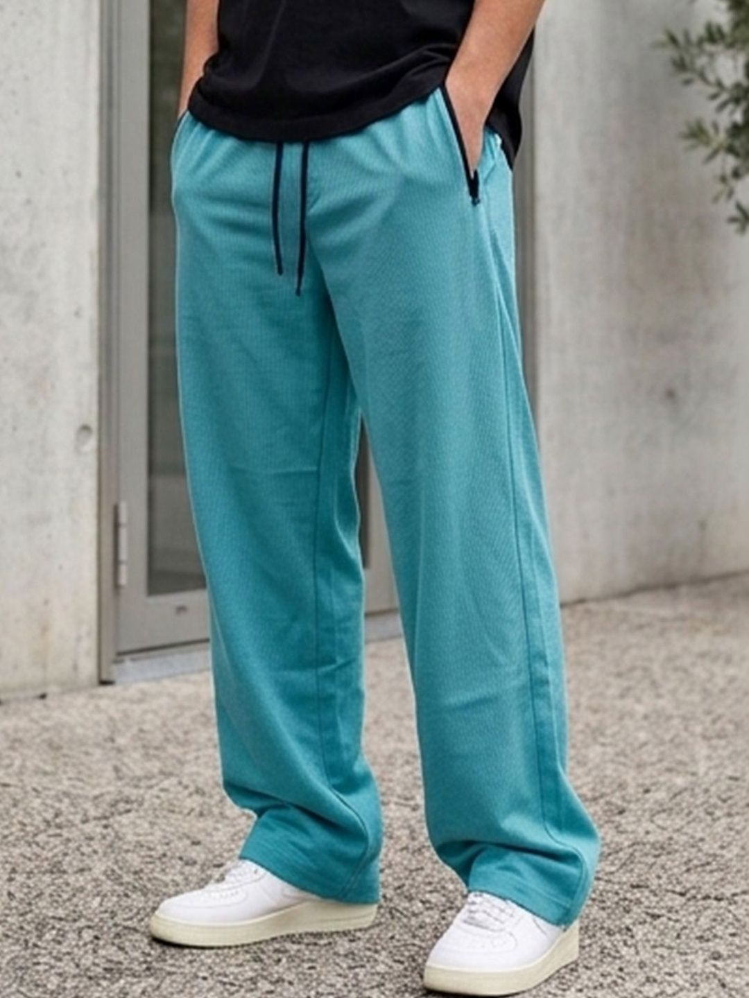 RETWE Men Mid Rise Pure Cotton Dual Side Pockets Baggy Fit Teal Running Sports Track Pants