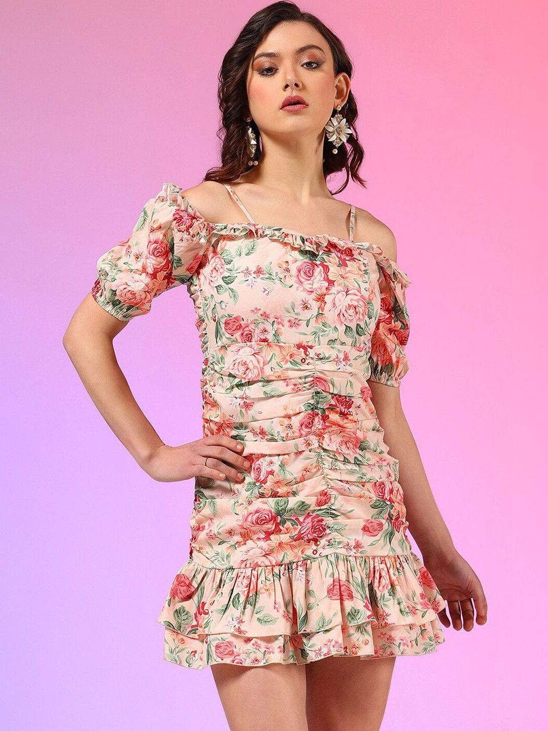 Stylecast X Kotty Floral Print Off-Shoulder Cold-Shoulder Sheath Mini Dress