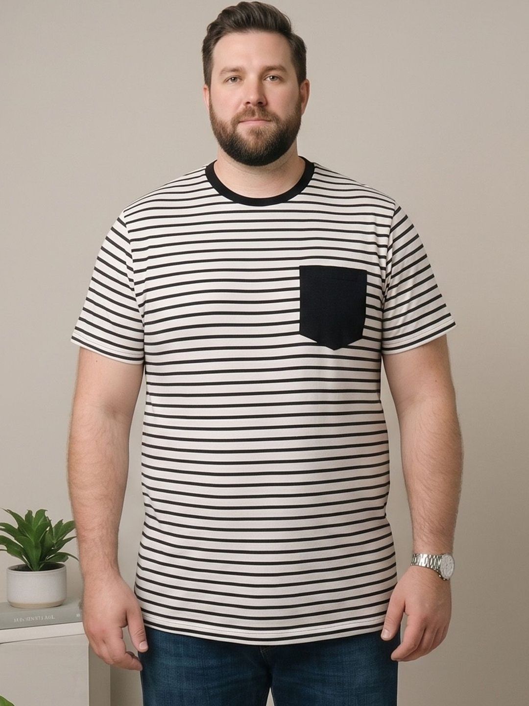 bigbanana Men Plus Size Striped Anti Odour Pockets T-shirt