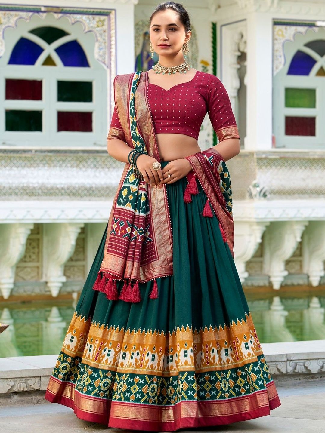 House of Pataudi Patola Printed Dupion Silk Sweetheart Neck Lehenga Choli & Dupatta