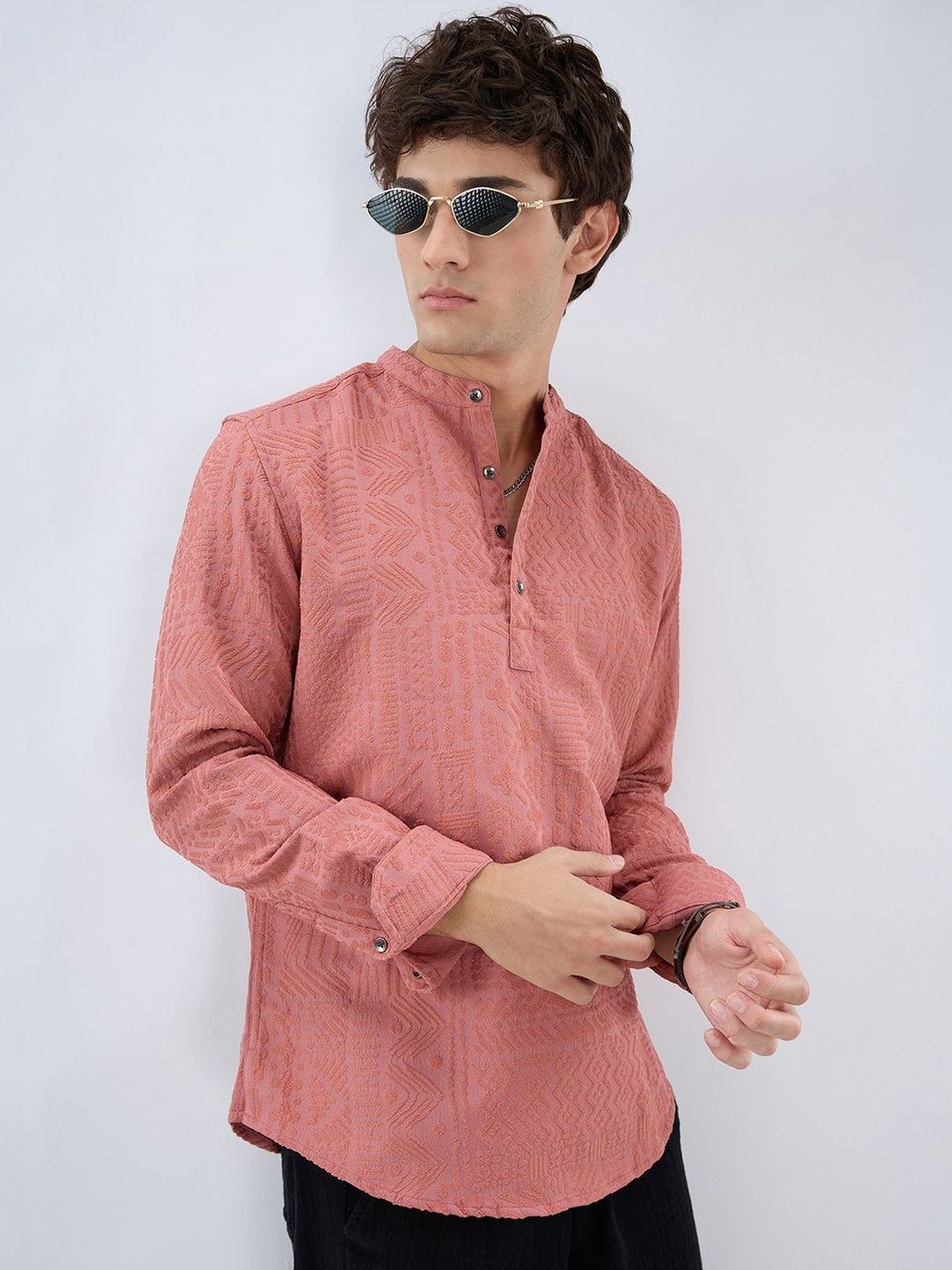 VASTRADO Intricate Soft Coral Textured Kurta