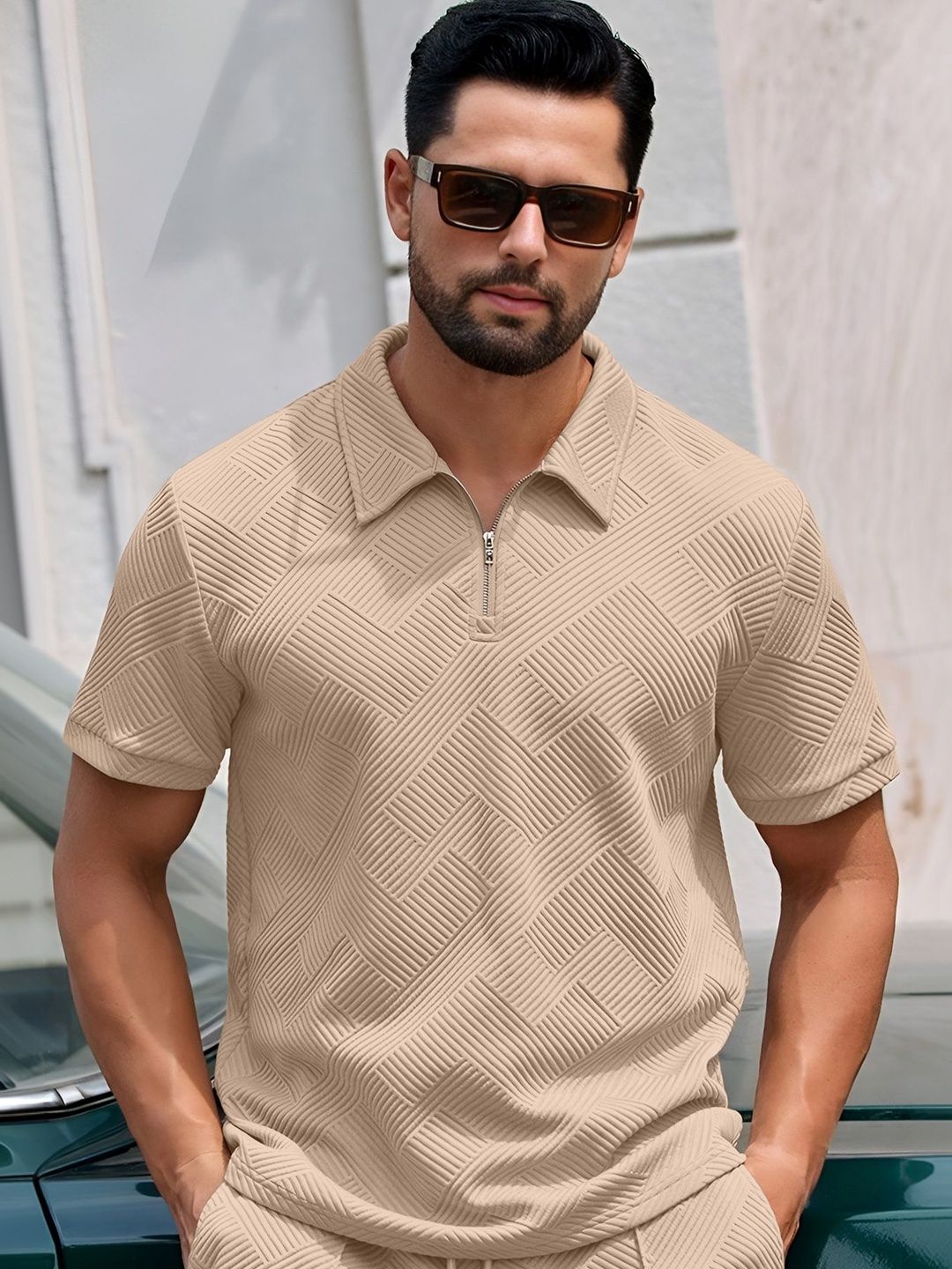 HAPPY KHAJANA Self Design Polo Collar Regular Fit T-shirt