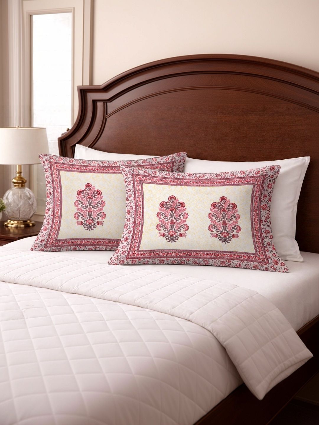 elanorhomes elanorhomes Red & White 2 Pieces Floral Pure Cotton Rectangle Pillow Covers