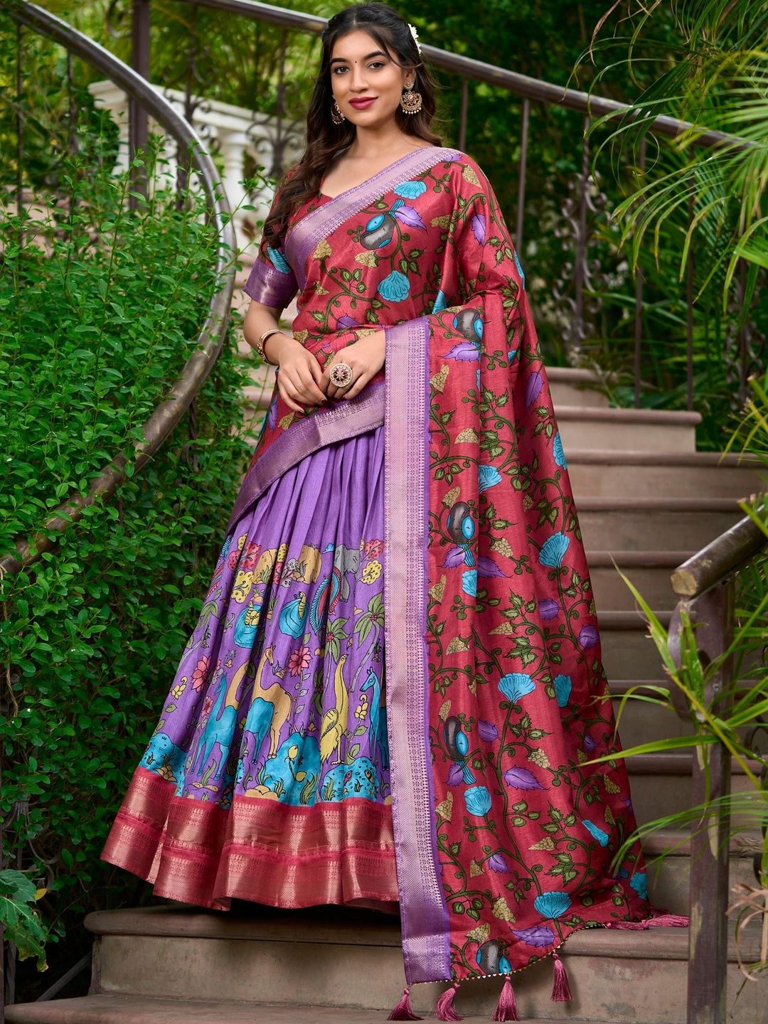 House of Pataudi Printed V-Neck Flared Lehenga Choli