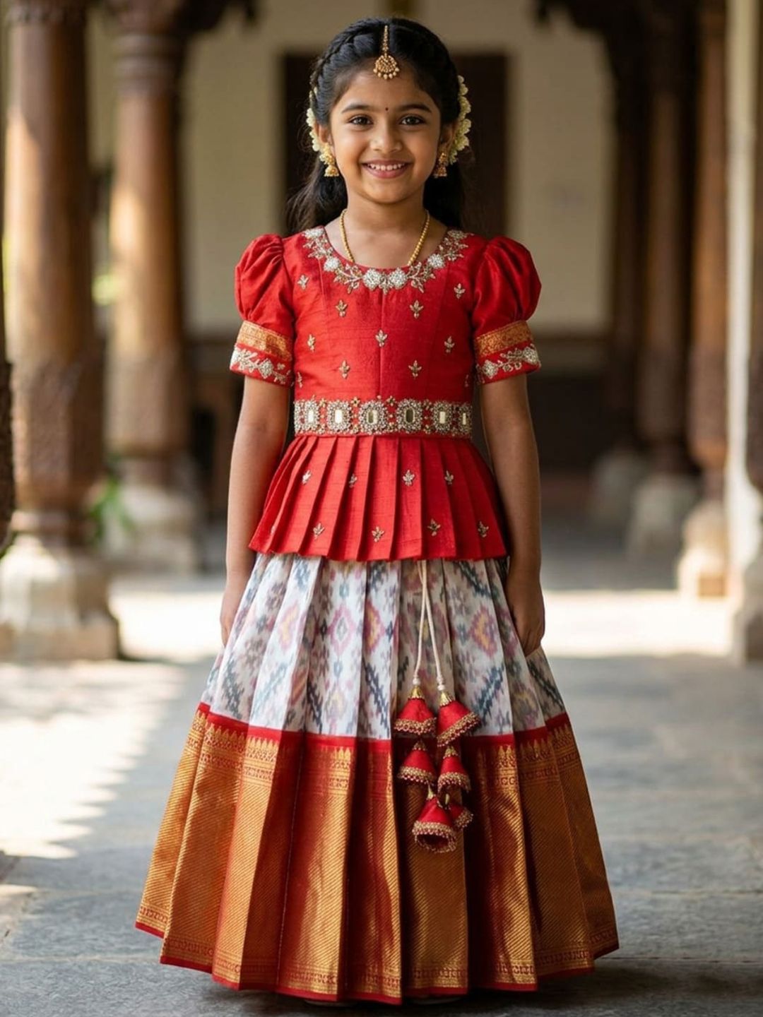 White Button Girls Embellished Beads and Stones Ready to Wear Lehenga &