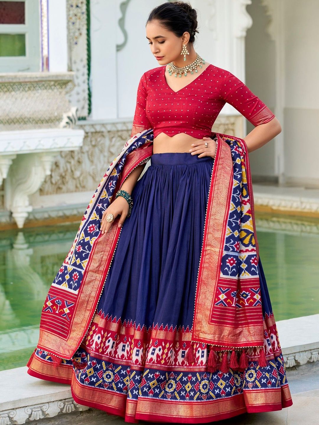 House of Pataudi Printed Dupion Silk V-Neck Flared Lehenga Choli